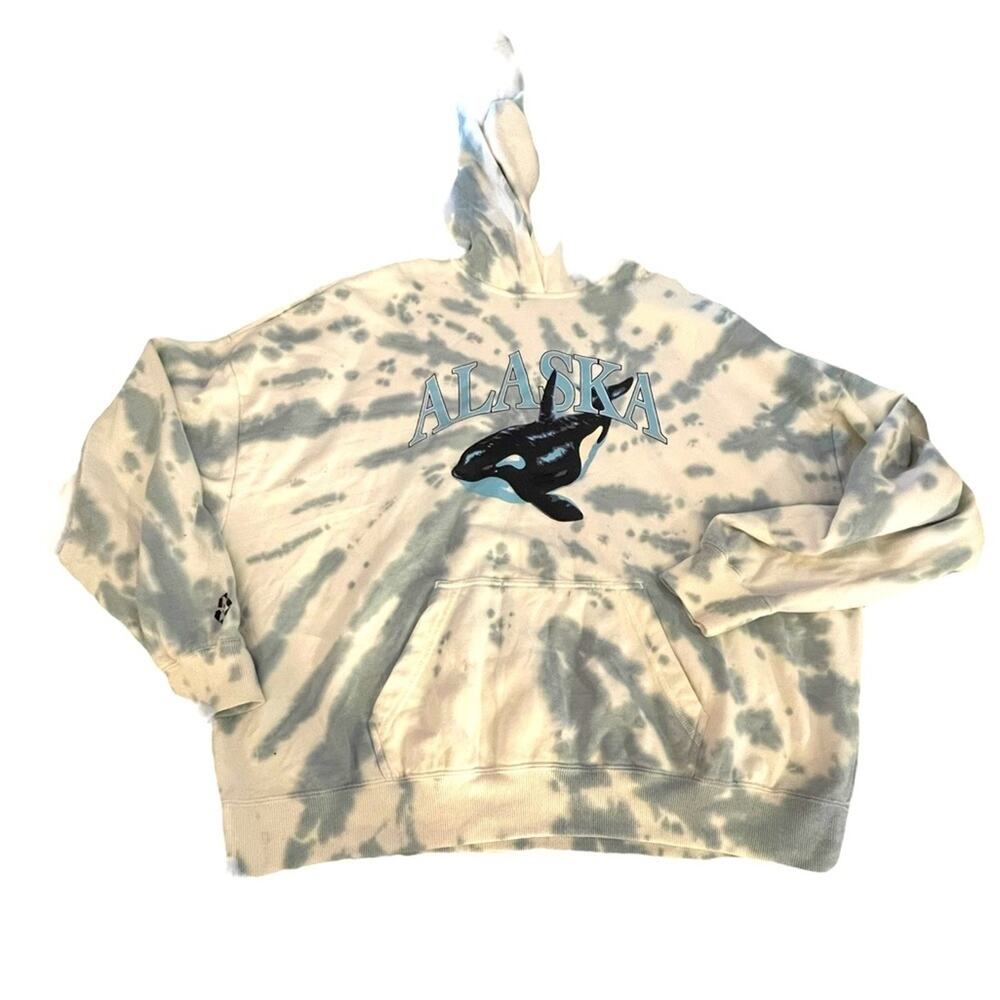 PacSun Alaska Hoodie Womens OS Cream Blue Tie Dye Oversized Pullover Fleece